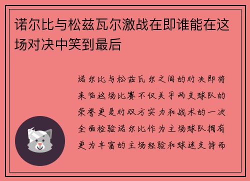 诺尔比与松兹瓦尔激战在即谁能在这场对决中笑到最后