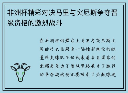 非洲杯精彩对决马里与突尼斯争夺晋级资格的激烈战斗